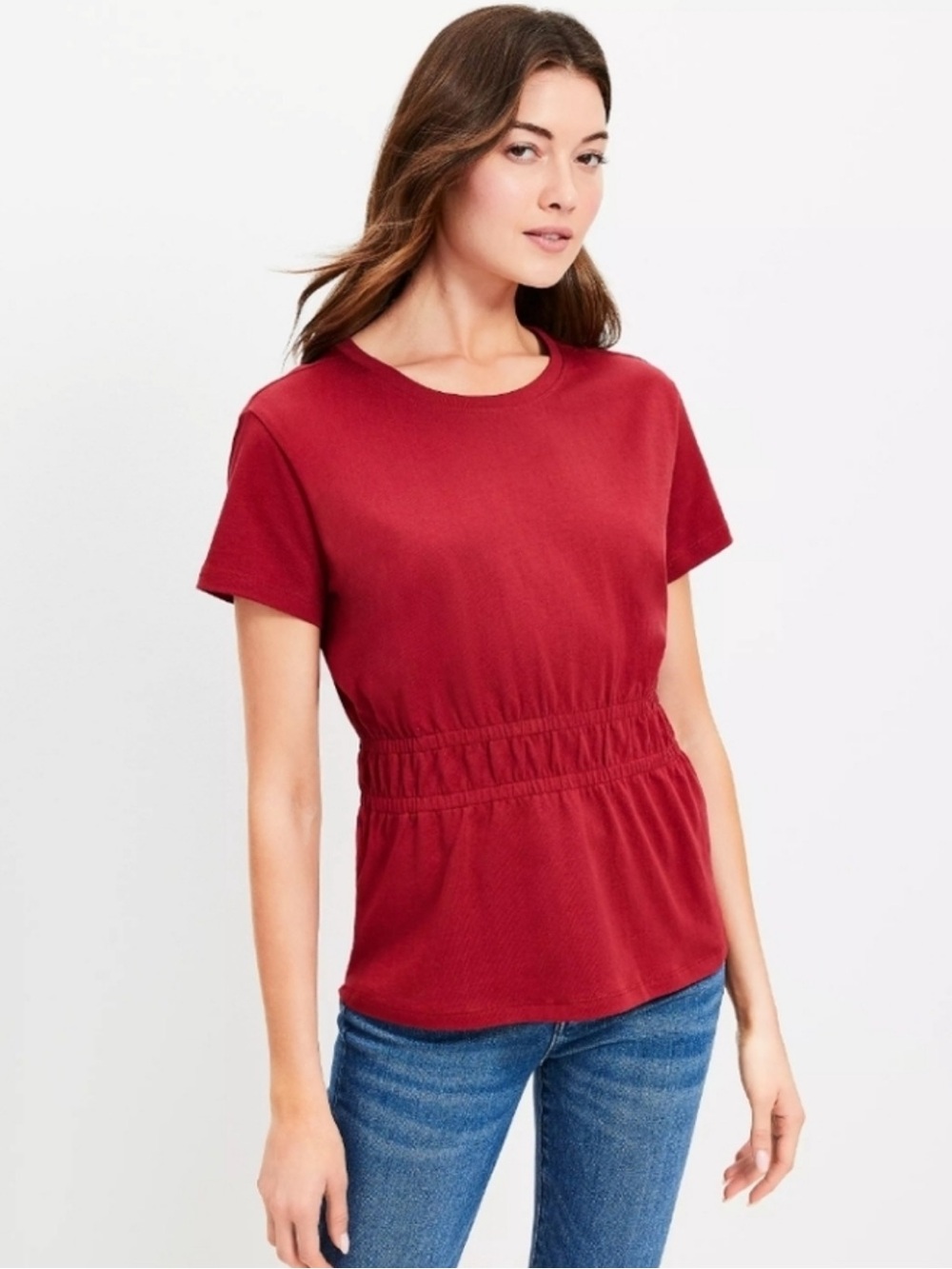 Women’s Deep Red LOFT Cinch-Waist Short Sleeve Top